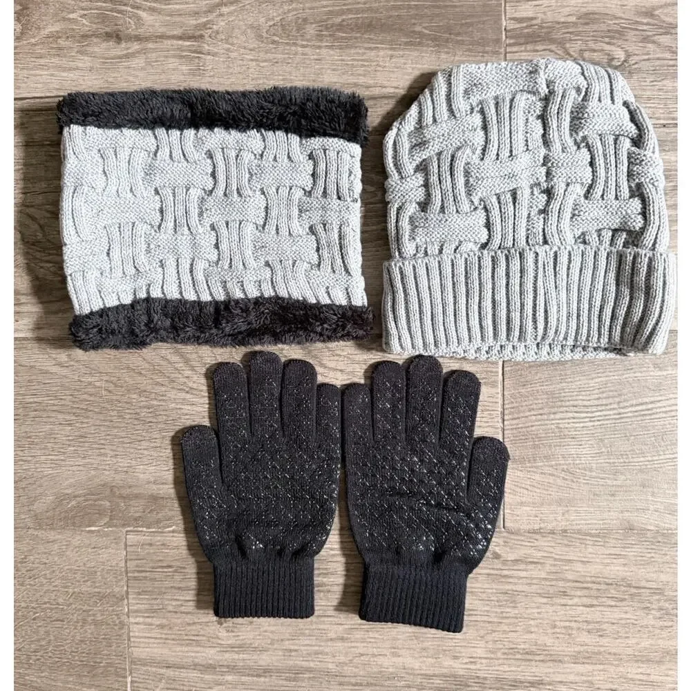 Three Piece Neck, Hat, And Mittens Made For Winter, Black And Gray Brand New